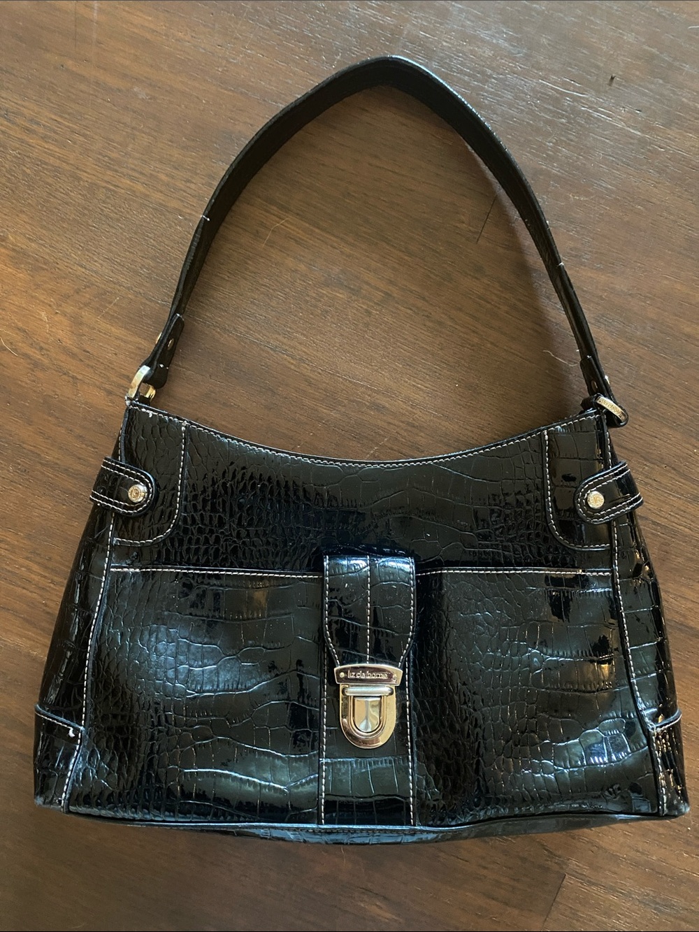 Black Croc-Embossed Shoulder Bag